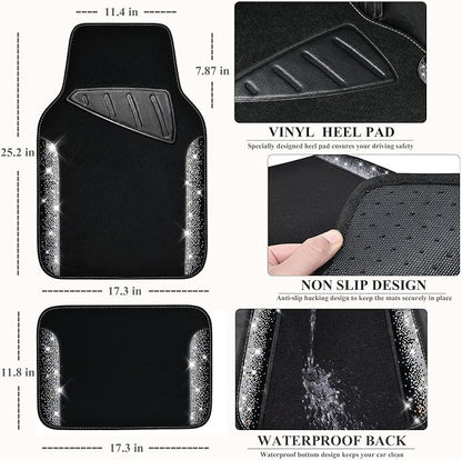 CAR PASS Leather Bling Diamond Car Seat Covers Front & Waterproof Rhinestone Car Floor Mats 4pcs & Sparkly Steering Wheel Cover 15' Universal Shining Interior Sets for 95% SUV Cute Women Black Silver