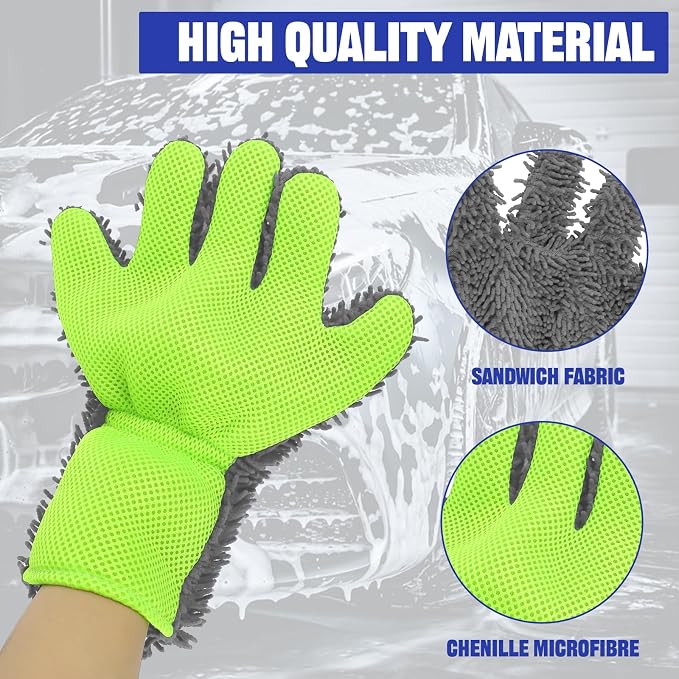 2PCS Car Wash Mitt, 5 Finger Chenille Microfiber Cleaning Mitt for Cars, Scratch-Free Auto Washing Gloves, Car Interior Exterior Cleaning Gloves, Great for Hard-to-Reach Areas (Gray)