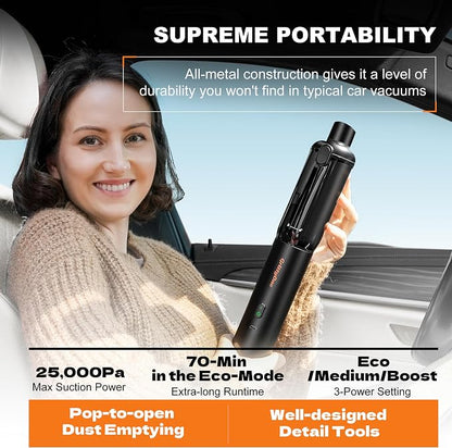 Car Vacuum Portable Cordless,25,000Pa Handheld Vacuum Cordless,70-Min Extra-Long Battery Life,Fantastic Suction, HEPA Filters, Maneuverable, Versatile Crevice Tools,for Car and Home, Black
