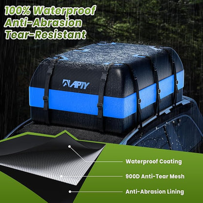 APTY 21 Cubic Feet Car Rooftop Cargo Bag Carrier, Soft Roof Top Luggage Bag for All Vechicles with/Without Racks - with Waterproof Zip, Luggage Lock, Anti-Slip Mat, Storage Bag, Door Hooks, Blue