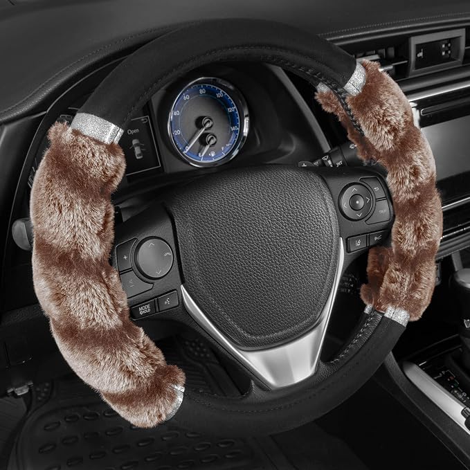 BDK Bear Fur Steering Wheel Cover, Plush Faux Fur Fuzzy Steering Cover for Car Truck Van SUV, Standard Size Fits Wheels 14.5-15 in Diameter, Two Tone Black/Brown with Glitter