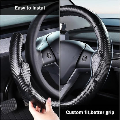 Steering Wheel Cover for 2017-2023 Tesla Model 3 2020-2024 Tesla Model Y, Carbon Fiber Steering Wheel Cover for Tesla Model 3/Y Accessories, Matte Black