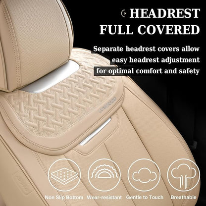 Coverado Seat Covers, Car Seat Covers Front Seats, Beige Nappa Leather Car Seat Covers, 2 Pack Waterproof Front Seat Covers, Breathable Leather Seat Cushion Universal Fit Most Cars Trucks