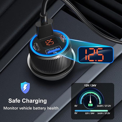 USB C Car Charger, Costyle 65W Dual USB-C & USB-A Multi Port Cigarette Lighter Adapter with Voltmeter QC/PD 3.0 Fast Charging 12V Car Phone Charger for iPhone 17 16 15 14 13 12 Pro Max Samsung(Black)