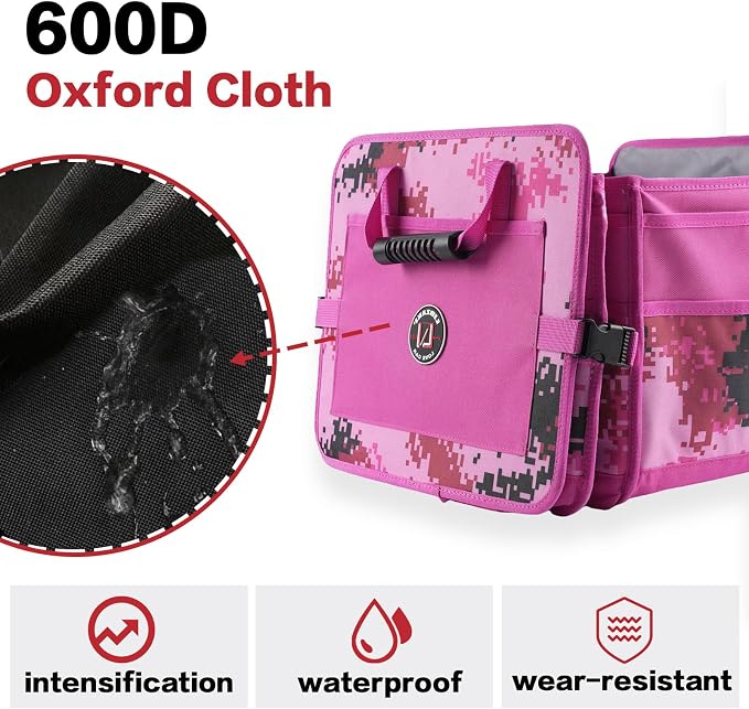 LIBZAKI Car Trunk Organizer,3 Compartments Big Trunk Storage, Large Capacity, Foldable, 95L Heavy Duty Storage Box for Car, SUV, Truck,Includes 26L Cooler Bag -Rose Red Camouflage