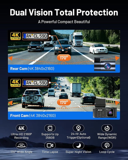 4K+4K Dual Dash Cam Front and Rear, 5.8GHz WiFi Dash Camera for Cars with 3.39" IPS Touchscreen, 170° Wide Angle, G-Sensor, 24H Parking Mode, Free 64GB Card Included (GS200)