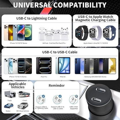 USB C Car Charger, 2Pack 60W Dual USB C Adapter Fast Charging Power Delivery Adapter Fast Type C Car Charger Plug Compatible with iPhone 17/17 Pro/17 Pro Max/16 Plus/15 Pro/Galaxy S26/S25/Pixel(Black)