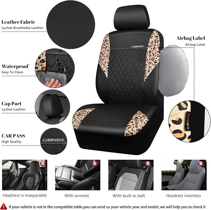 CAR PASS Leopard Print Faux Leather Car Seat Covers & Leopard Car Mats&Leopard Steering Wheel Cover Seat Belt Pad Universal Car Accessories for SUV,Van,Saden,Truck Automobile Interior Sets