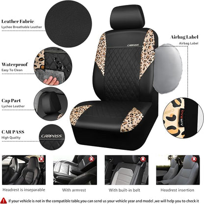CAR PASS Leopard Print Faux Leather Car Seat Covers & Leopard Car Mats&Leopard Steering Wheel Cover Seat Belt Pad Universal Car Accessories for SUV,Van,Saden,Truck Automobile Interior Sets