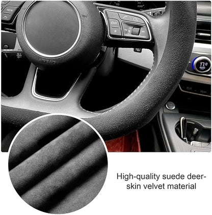 Carodi Suede Steering Wheel Cover ，Non-Slip Leather Car Interior Fitting 15-inch Universal（D-Shape,Black red Label）