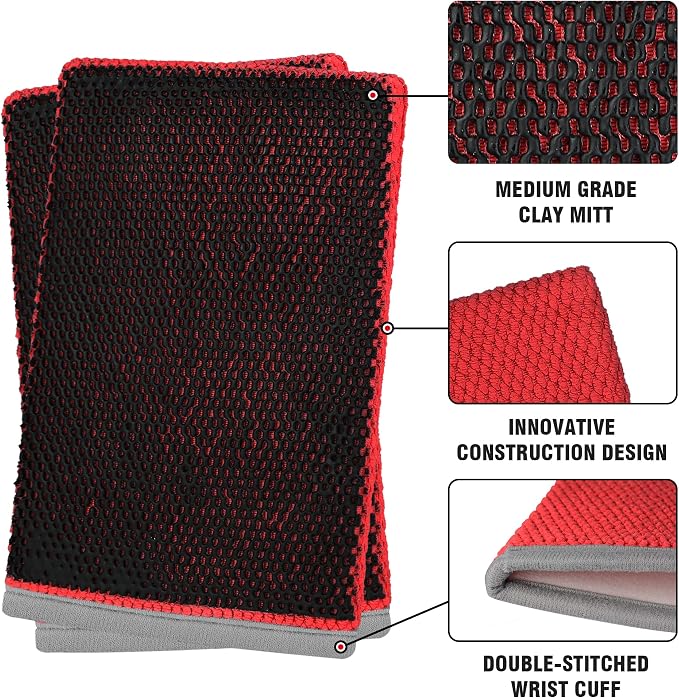 Tidy Monster 2 Pack Clay Bar Mitt for Car Detailing, Medium Grade Auto Magic Clay Towel, Scratch-Free and Paint Safe, for Cleaning Polishing Detailing Cars Paint, Glass, Wheels (Red)