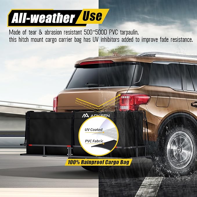 ARKSEN Hitch Cargo Carrier Bag with Lock for 24" x 60" Baskets Waterproof 16.4 Cubic Feet Large Capacity Luggage Storage (58" L x 20.5" W x 24" H) for Car Truck SUV RV or Trailer