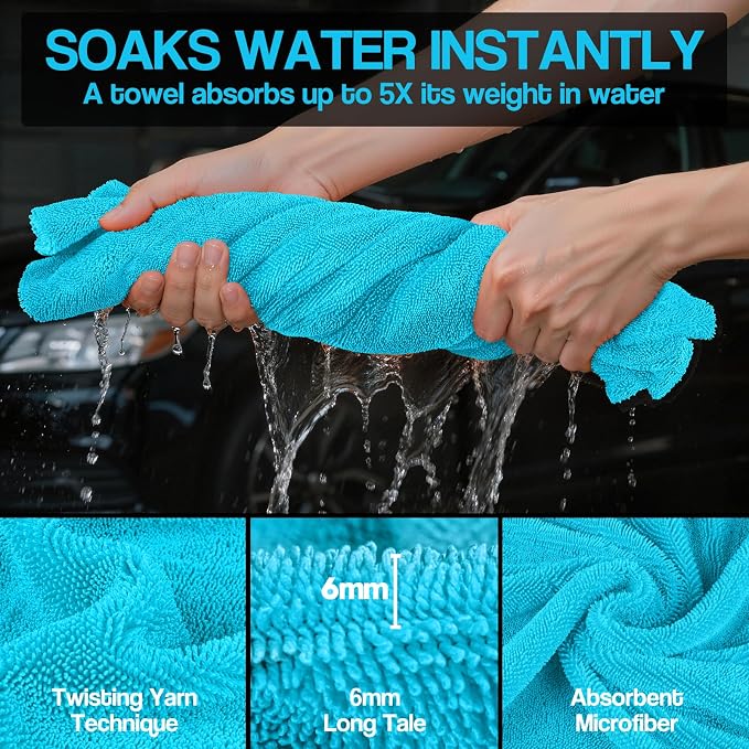 Bolant 4 Pack Twisted Loop Car Drying Towel, Microfiber Towels for Cars 24"x36", Reusable Shammy Quick Dry Cloth for Auto, Boat, Kitchen, Windows & Bathroom（Blue）