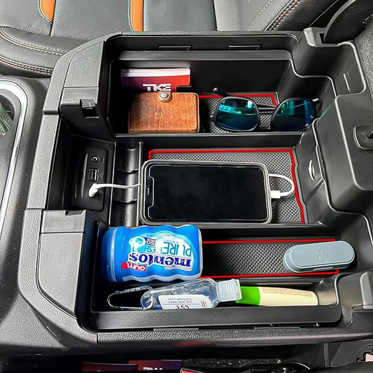 Center Console Organizer Compatible with 2020-2023 Silverado/Sierra 2500/3500HD/ 2019-2022 Chevy Silverado 1500 / GMC Sierra 1500 Accessories - Full-Coverage Insert Tray, ABS material,Red