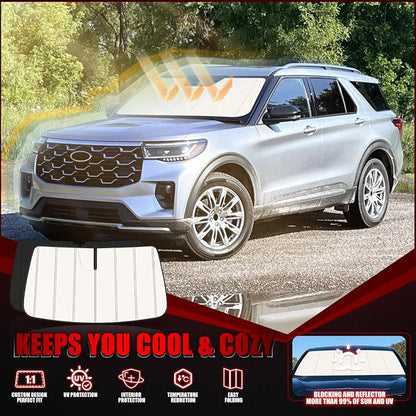 Windshield Sun Shade for Ford Explorer 2020-2025 2026, Front Window Visor Accessories, Folding Design Blocks Heat & UV Rays Maintain Cool Interior and Save Space