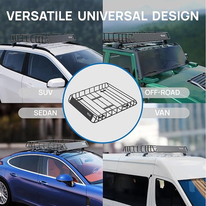 TUFFIOM 46"x 36"x 6" Universal Rooftop Cargo Carrier Basket, Heavy Duty Steel Roof Rack Basket w/4 Straps with Hook, Car Top Rack Luggage Holder Carrier for SUV Car Truck Van