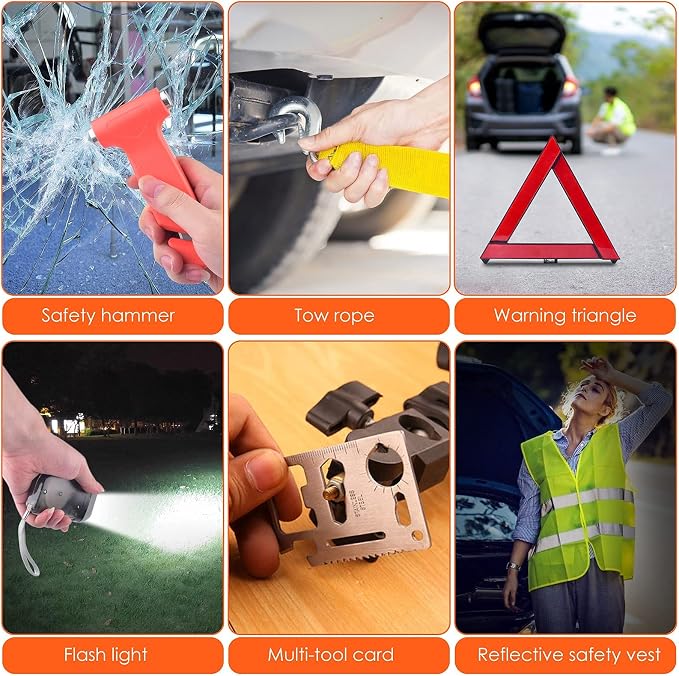 PACETAP Car Roadside Emergency Kit, Essential Auto Safety Road Side Assistance Tool Kit with Jumper Cables, Towing Rope, Triangle and More Winter Vehicle Accessories