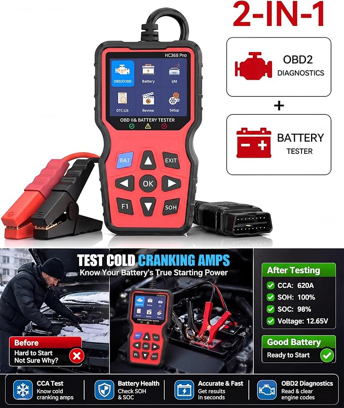 Easy to Use OBD2 Scanner with Battery Tester: 2-in-1 1S Read & Clear Check Engine Codes + Test Battery in Mins - DIY Car Diagnostic Tool with Cold Cranking Amps for Pre-Trip Safety on 1996+ Vehicles