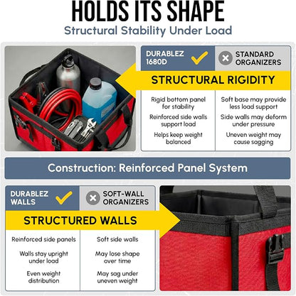 XL Trunk Organizer 4-Section Modular System – Extra Large Car Cargo Storage, Foldable Multi-Compartment Bin for Groceries, Gear & Travel – High-Density Structure – Red