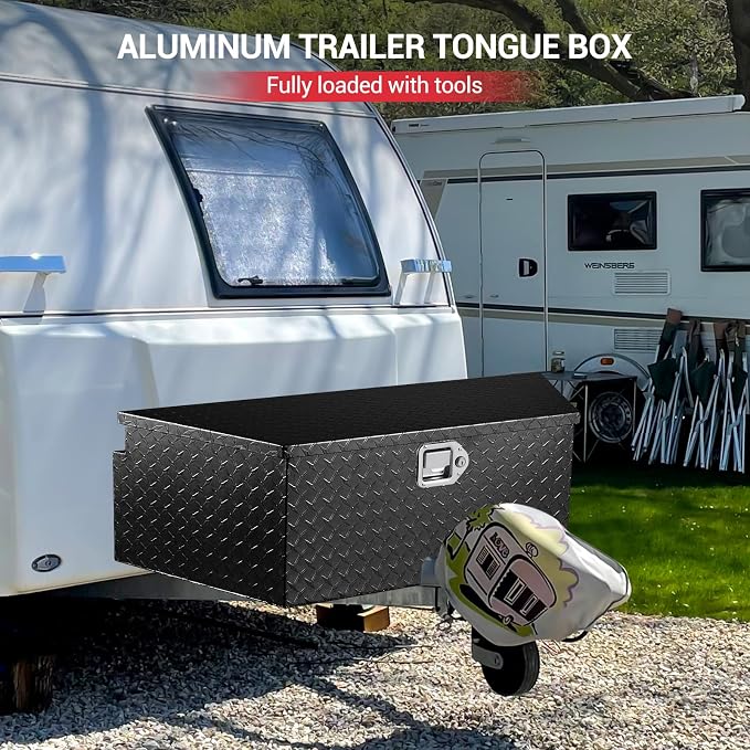 GarveeTech 33 in Trailer Tongue Boxes,Heavy Duty Aluminum Trailer Tool Box With Lock and Keys,Diamond Plate Storage Box,Waterproof Trailer Box for Pick Up Truck Bed,RV Trailer,Black