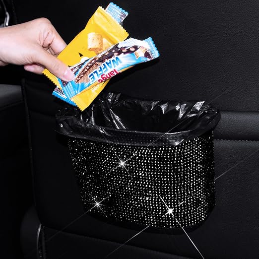 Cavalcade Car Trash Can, Hanging Trash Bin, Leakproof Garbage Organizer, Bling Vehicle Waste Basket, Mini Dustbin Container with Clip for Car, Office, Kitchen, Bedroom, Home and More, Black, Small
