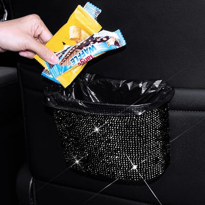 Cavalcade Car Trash Can, Hanging Trash Bin, Leakproof Garbage Organizer, Bling Vehicle Waste Basket, Mini Dustbin Container with Clip for Car, Office, Kitchen, Bedroom, Home and More, Black, Small