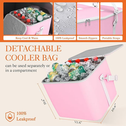 HOTOR Trunk Organizer, Sturdy Foldable with Cooler for Car & SUV, 3 Compartments, Pink, 30.90”×12.60”×10.63”