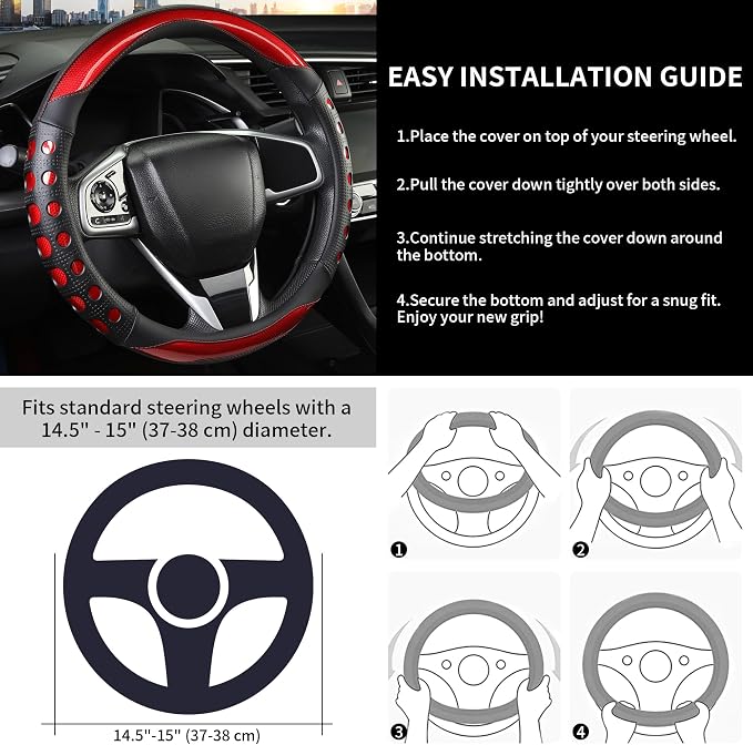 PU Leather Car Steering Wheel Cover with Anti-Slip Grip, for Women and Men, Universal Fit for 14.5-15 Inch Cars, Trucks, SUVs (Red (Round), Medium(Standard) Size[14 1/2''-15''])