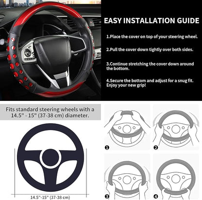 PU Leather Car Steering Wheel Cover with Anti-Slip Grip, for Women and Men, Universal Fit for 14.5-15 Inch Cars, Trucks, SUVs (Red (Round), Medium(Standard) Size[14 1/2''-15''])
