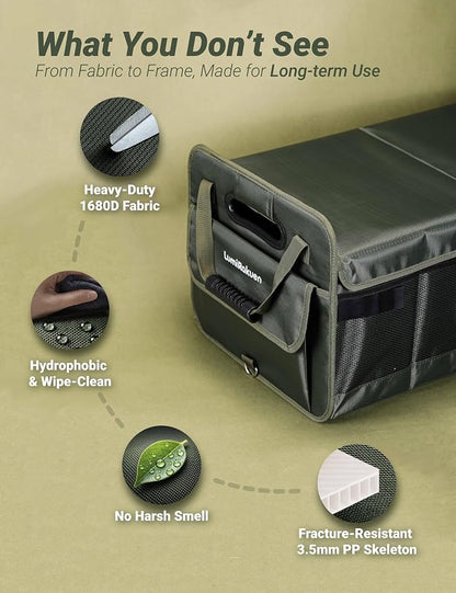Heavy Duty Trunk Organizer with Lid for Car SUV-1680D Water-Resistant Fabric &3.5mm PP Skeleton,Collapsible Cargo Storage Box with No Sliding Metal Hooks,Fits Tesla,Truck,Sedan (XL Green