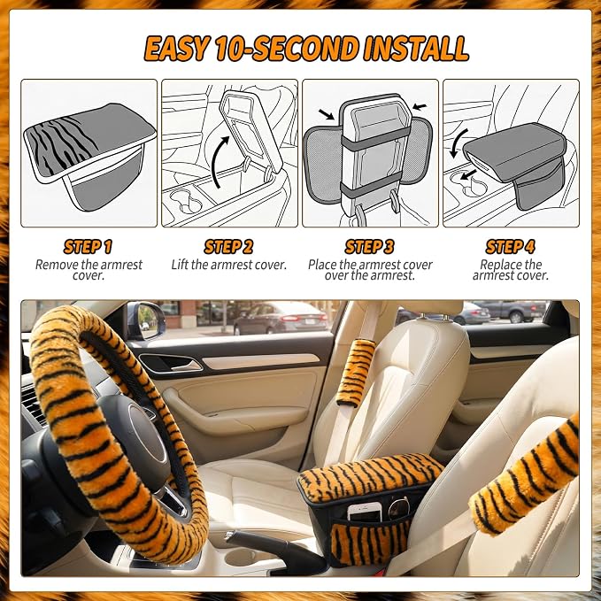 5 Pcs Fuzzy Animal Print Car Accessories Set, Soft Fluffy Plush Steering Wheel Cover, Center Console Armrest Pad & Rearview Mirror Cover - Interior Decorations for Women,Universal Fit (Tiger Print)