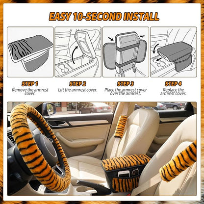 5 Pcs Fuzzy Animal Print Car Accessories Set, Soft Fluffy Plush Steering Wheel Cover, Center Console Armrest Pad & Rearview Mirror Cover - Interior Decorations for Women,Universal Fit (Tiger Print)
