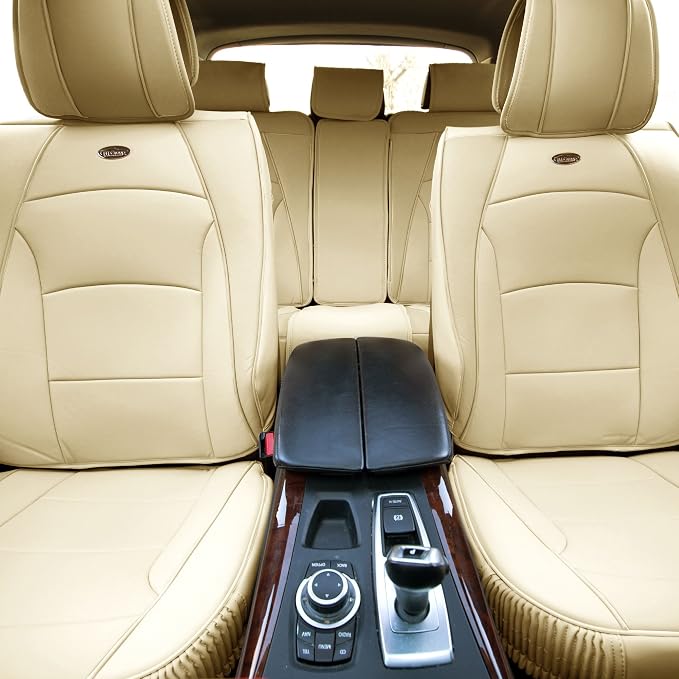 FH Group Ultra Comfort Highest Grade Faux Leather Full Set Cushion Pads Car Seat Covers for Front and Rear- Fit Most Car, Truck, SUV, or Van (Solid Beige)