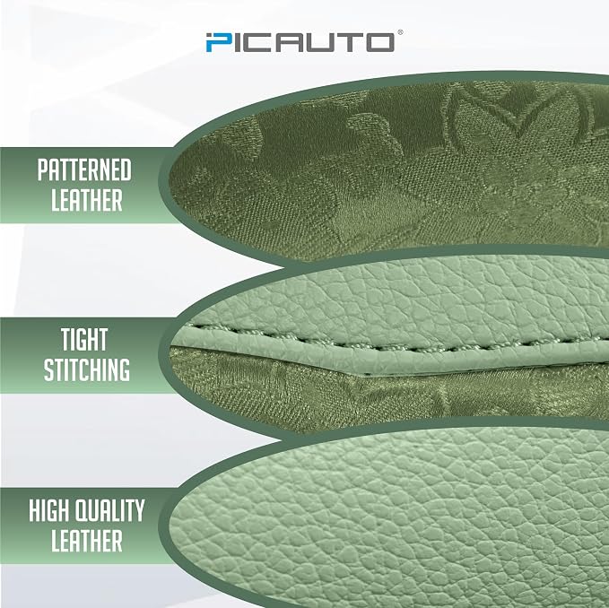 PIC AUTO Steering Wheel Cover, Green Patterned Leather Patchwork Design, Universal Fit 14.5"–15.5", Anti-Slip, Odor-Free, Soft PU Grain Leather, Durable Grip Car Accessory for Girls & Women