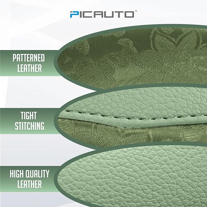 PIC AUTO Steering Wheel Cover, Green Patterned Leather Patchwork Design, Universal Fit 14.5"–15.5" D-Shape Steering Cover, Soft PU Grain Leather, Durable Grip Car Accessory for Girls & Women