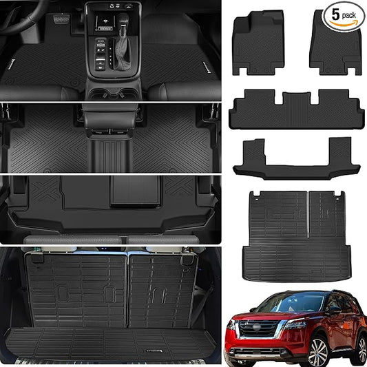 Floor Mats &Trunk Mat for 2022 2023 2024 2025 Nissan Pathfinder 7 Seats with Backrest Mat All Weather TPE Rubber Cargo Liner for 2022-2025 Nissan Pathfinder Accessories