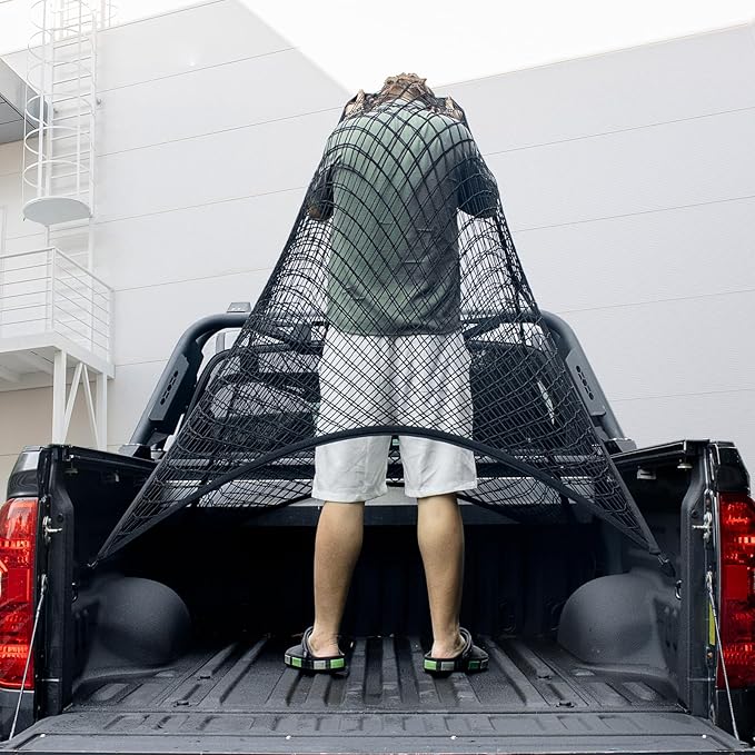 Cargo Net for Pickup Truck Bed, Trucks Cargo Net Mesh Organizer, 4'x4' Stretch to 7'x7' Highly Elastic Truck Bed Net for Camping, Trip Luggage, Compatible with Trailer, Ford, Chevrolet, Dodge
