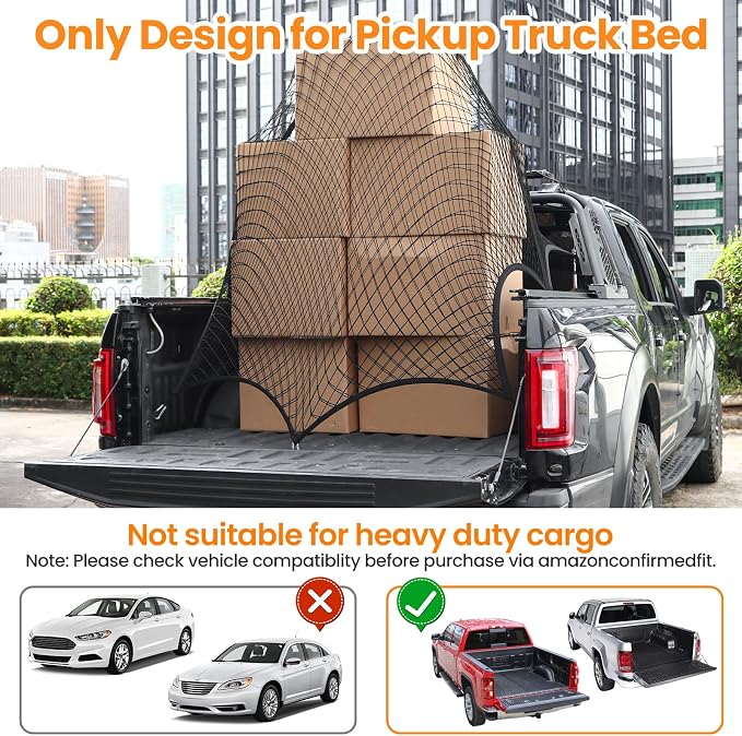 Truck Bed Net – Highly Elastic Cargo Net for Pickup Truck Beds, Stretchable Mesh Organizer Expands from 4'x4' to 7'x7', Suitable for Daily Light Loads on Truck, ATV, SUV, UTV & Boats (Single Layer)