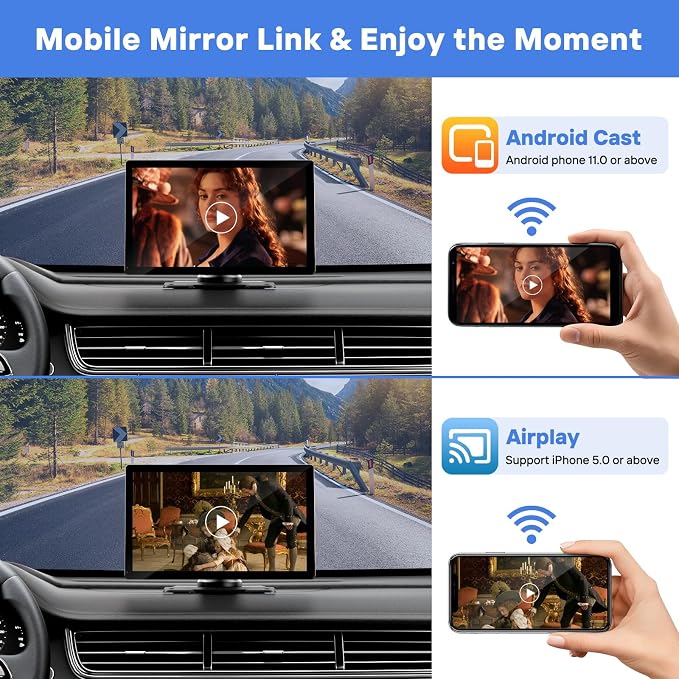 9" Wireless Apple Carplay Screen for Car, Portable Touchscreen Apple Carplay & Android Auto with OTA Update, Backup Camera,FM, Voice Control/GPS Navigation/Mirror Link/BT