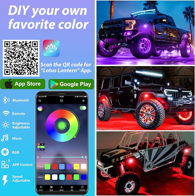 4 Pods RGB LED Rock Lights, Underglow Multicolor Neon Light Kit, Wheel Well Light with APP Control & Music Mode, Under Glow Lights for Trucks,Jeep,SUV,Golf Cart,ATV,Pickup Off Road,12V