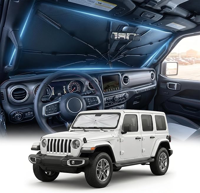 [2026 Upgraded] DooGooCoo Windshield Sun Shade Umbrella for Jeep Wrangler & Gladiator 2011-2026 [100% Sunlight Blocked, Cooling Ice Crystal] Sunshade for Car Windshield for Wrangler Sunshade.