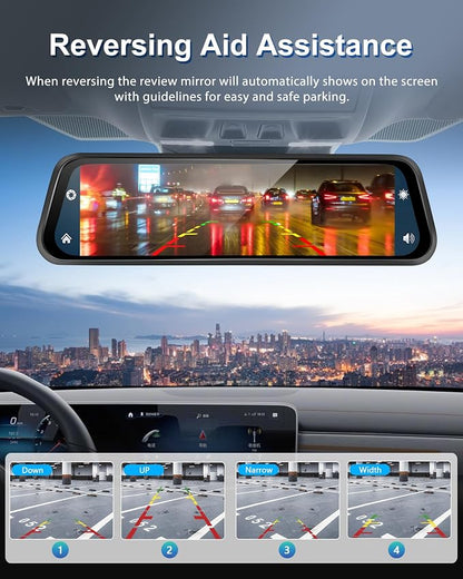 Podofo 12" Mirror Dash Cam with Wireless Carplay&Android Auto,4K Front Mirror Dash Cam with IPS Touchscreen,Support Night Vision,Voice Control,Parking Assistance,G-Sensor,24H Parking Monitor