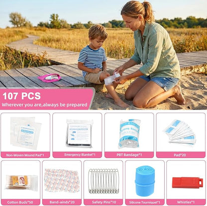 Roadside Emergency Car Kit for Vehicles, Pink Car First Aid Kit Emergency Kit with Jumper Cables, Car Safety Kits, Tow Strap, Tool Kit, Road Trip Assistance for Men, Women, New Driver Gifts