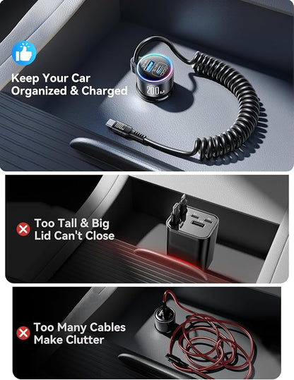 200W Car Charger USB C Fast Charge, PD100W Fast Car Charger Type C, PD3.0/QC4.0/PPS Cigarette Lighter Phone Adapter for iPhone 17 16 15 ProMax, MacBook Pro Air Laptop, Samsung S26/S25, Pixel, iPad Pro