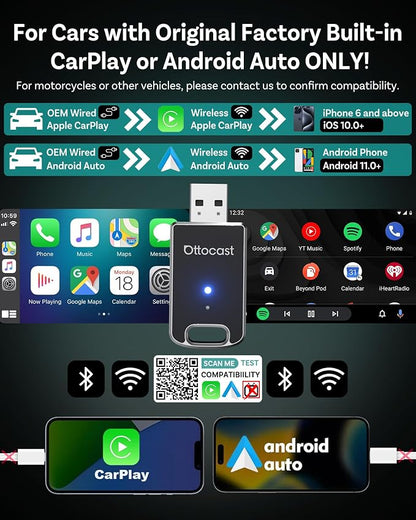 OTTOCAST Mini Edge 2025 Wireless Carplay Adapter & Android Auto Wireless Adapter for Apple iPhone Samsung Android Phone 2-in-1, USB Car Accessories, 5 GHz Wi‑Fi Bluetooth 5.0 Voice Control Plug & Play