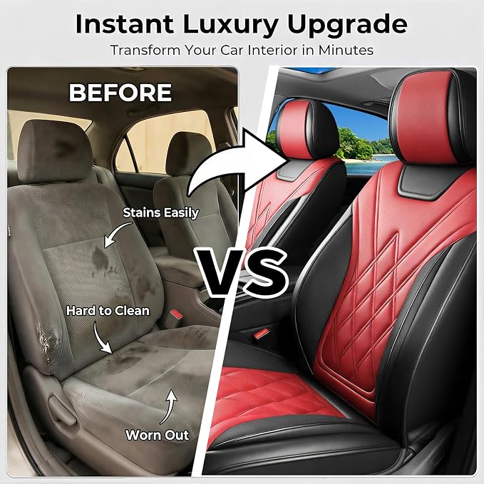 Car Seat Covers Compatible with Hyundai Kona 2018-2025 2026 Waterproof & Breathable Luxury Leather All-Weather Seat Cushions Protectors, Airbag Compatible, Only 2 Front seat Covers (Red)