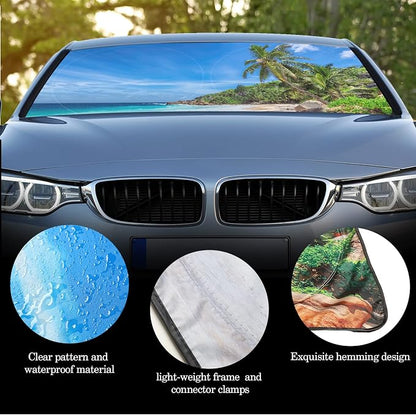 Windshield Sun Shade Foldable Car Front Window Covers for Car Accessories Sun Heat UV Rays Visor Protector Protection for Universal Cars SUV Truck(Beach)