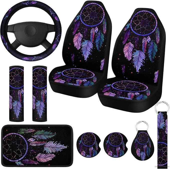Tallew 10 Pcs Dreamcatcher Design Car Seat Covers Full Set, Front Cover, Steering Wheel Belt Pads, Center Console Armrest, Cup Holder Coasters, Keychain, Keyring for Auto Suvs Trucks Vans