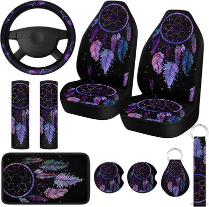 Tallew 10 Pcs Dreamcatcher Design Car Seat Covers Full Set, Front Cover, Steering Wheel Belt Pads, Center Console Armrest, Cup Holder Coasters, Keychain, Keyring for Auto Suvs Trucks Vans