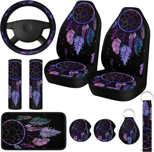 Tallew 10 Pcs Dreamcatcher Design Car Seat Covers Full Set, Front Cover, Steering Wheel Belt Pads, Center Console Armrest, Cup Holder Coasters, Keychain, Keyring for Auto Suvs Trucks Vans
